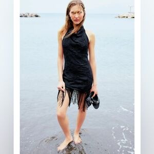 Zara  Halter Dress With Embroidery And Fringe